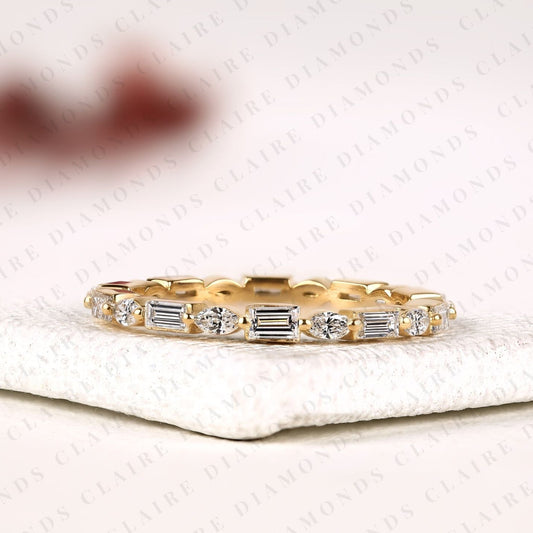 2.00 TCW Baguette & Marquise Lab Grown Diamond Band Vintage Inspired Alternating Stone Anniversary Ring, Elegant Stackable Band & Timeless Everyday Ring