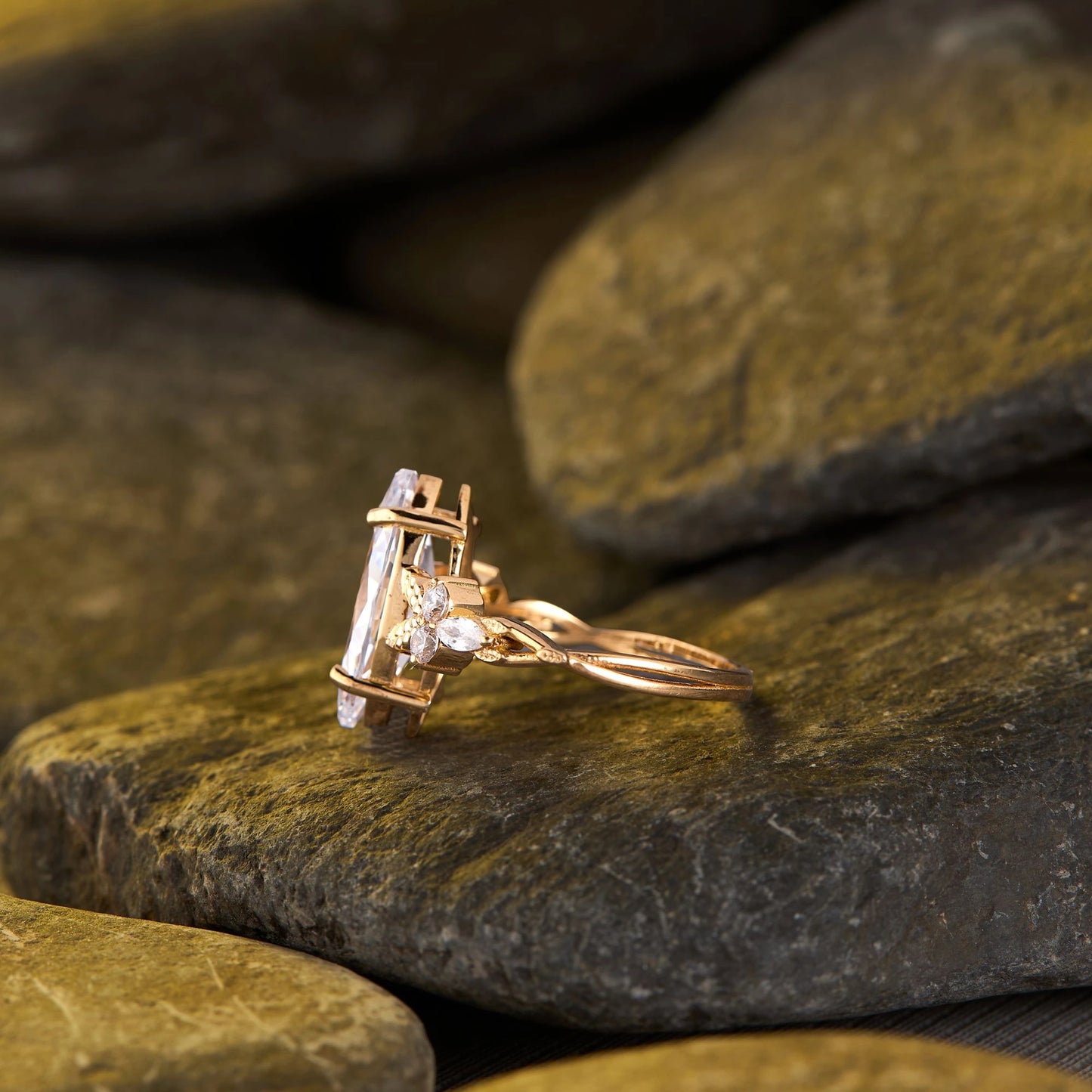 vintage lab grown marquise cut diamond ring with elegant floral inspired detailing and timeless sparkling statement design