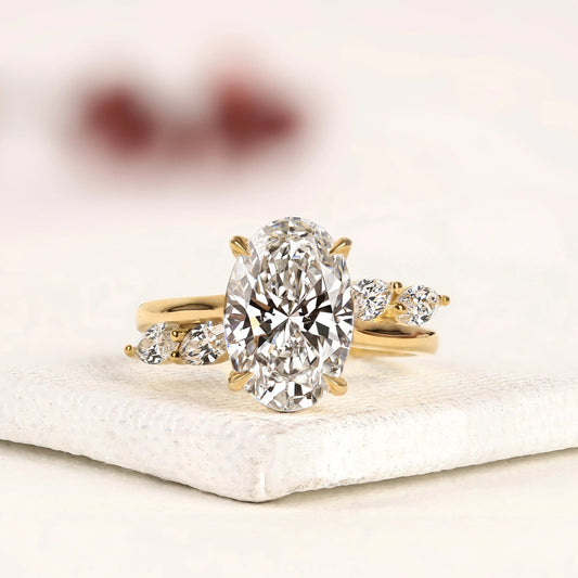 Nature Inspired Oval Cut Lab Grown Diamond Engagement Ring Side Stone Marquise Wedding Ring
