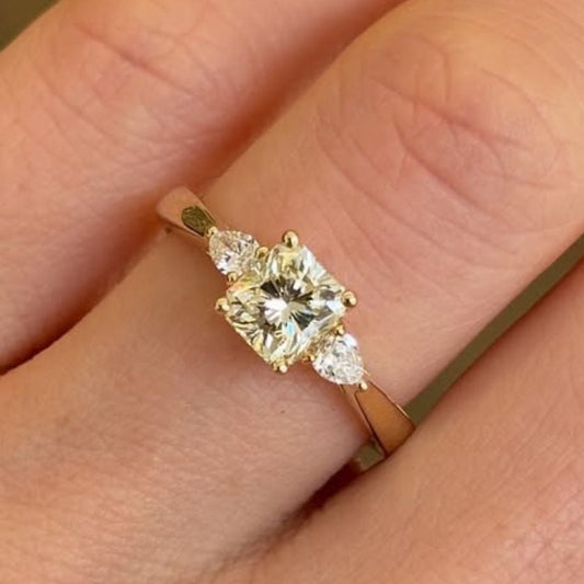 Elegant Cushion Cut Lab Grown Diamond Three-Stone Ring in Gold Minimalist Engagement Ring