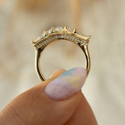 1.30 TCW Elegant Emerald Cut Multi-Stone Moissanite Diamond Ring with Trillion Side Accents in Gold Ring