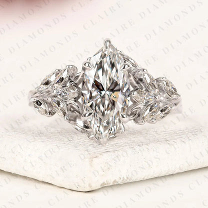 Marquise Cut Lab Grown Diamond Engagement Ring Vintage Floral Cluster Ring White Gold Wedding Ring Unique Anniversary Ring for Women IGI Certified Bridal Jewelry.
