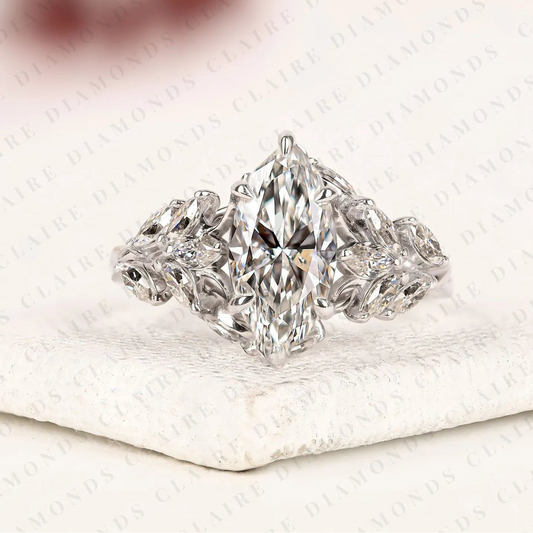 Marquise Cut Lab Grown Diamond Engagement Ring Vintage Floral Cluster Ring White Gold Wedding Ring Unique Anniversary Ring for Women IGI Certified Bridal Jewelry.