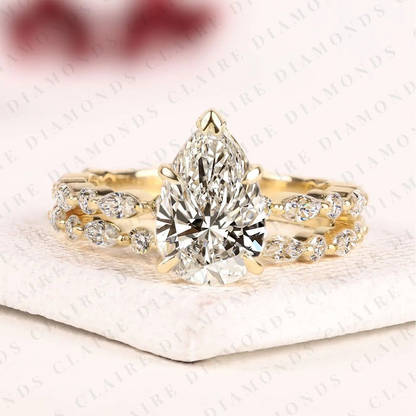 Pear Cut Lab Grown Diamond Engagement Ring Floral Nature Inspired Bridal Ring Vintage Gold Wedding Unique Ring for Women