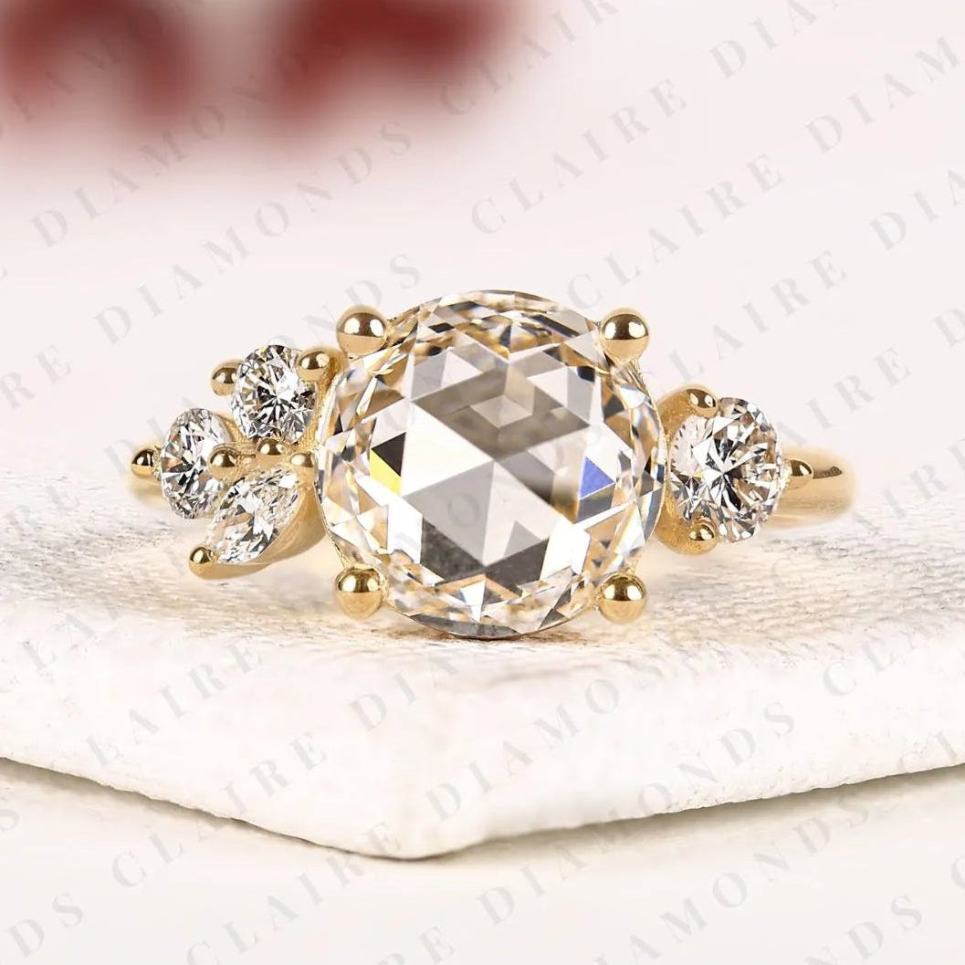 round rose cut lab grown diamond ring, unique engagement ring with round & marquise side stones, floral cluster gold ring