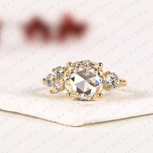 Round Rose Cut Moissanite Diamond Ring, Unique Engagement Ring With Round & Marquise Side Stones, Floral Cluster Gold Ring