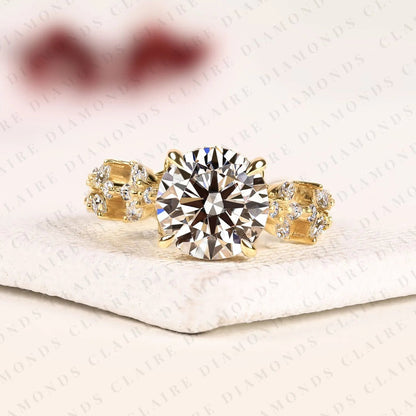 Round Cut Lab Grown Diamond Vintage Ring Handmade Floral Engagement Ring in Solid Gold For Her