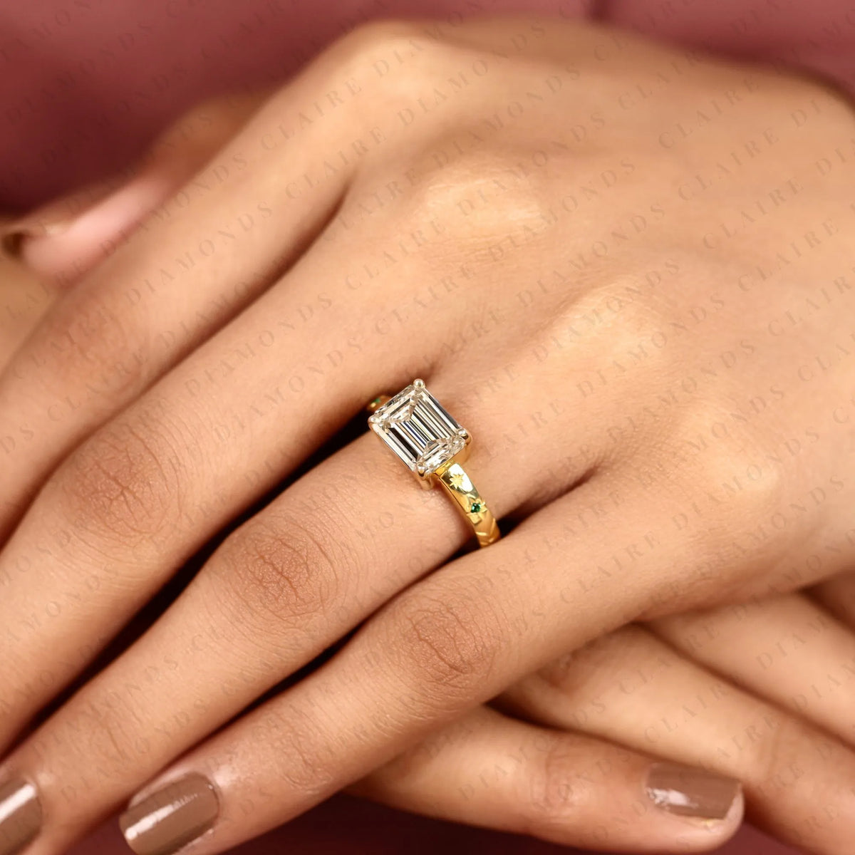 emerald cut lab grown diamond engagement ring yellow gold floral band vintage inspired nature ring with green accent details