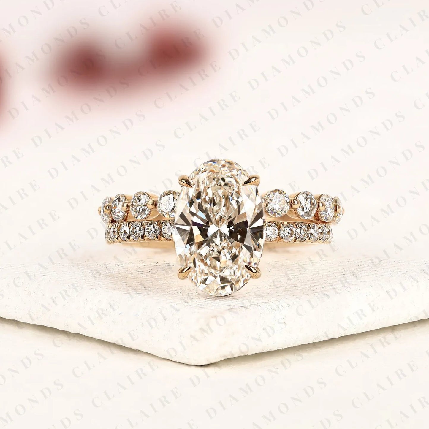 oval cut lab grown diamond engagement ring hidden halo with matching diamond band ring for her