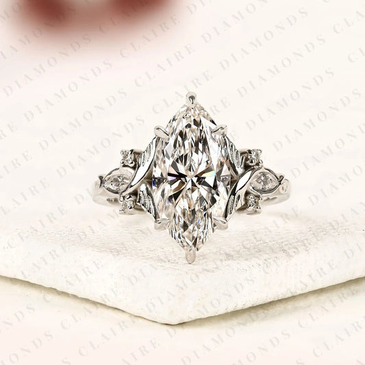 Marquise Cut Moissanite Diamond Engagement Ring Nature Inspired Floral Ring Vintage Leaf Wedding Ring Unique Proposal Ring
