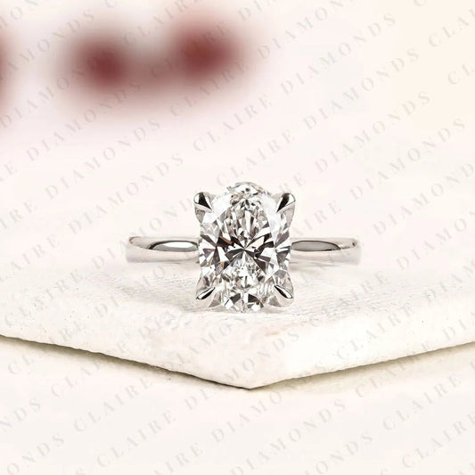 Oval Cut Moissanite Diamond Solitaire Engagement Ring, Four Prong Hidden Tulip Setting, Minimalist White Gold Proposal Ring