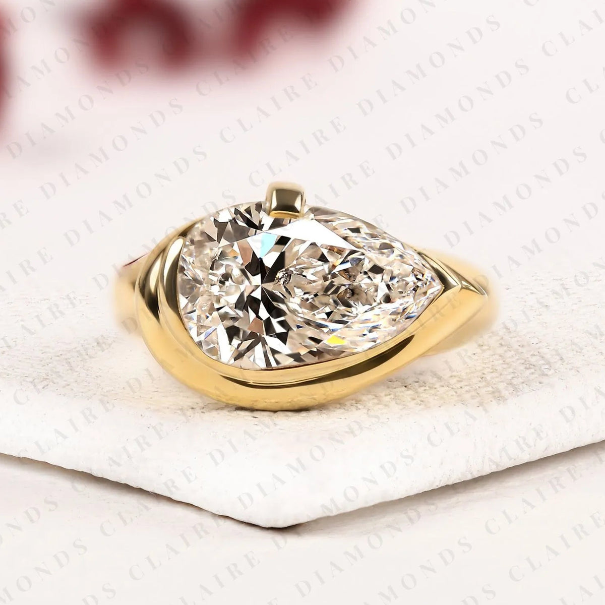 East West Pear Cut Moissanite Diamond Engagement Ring Bezel Set Gold Solitaire Wedding Ring Unique Anniversary Jewelry