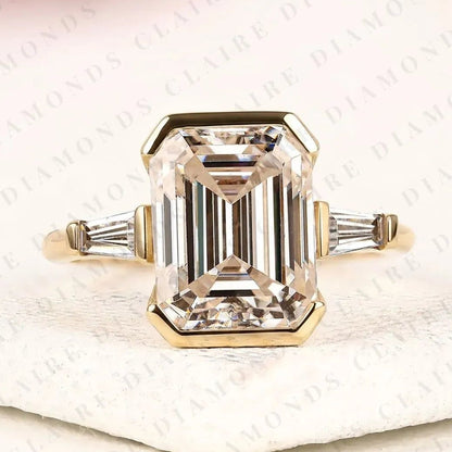 Emerald Cut Lab Grown Diamond Past, Present & Future Gold Ring ,Half Bezel & Three tone Engagement Ring With Tapered Baguette Side Diamonds Ring.