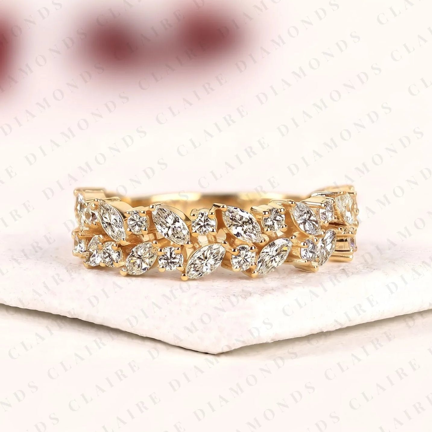 1.50 tcw marquise & round cut moissanite diamond nature inspired gold band ring half eternity wedding band