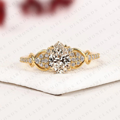 Pear Cut Lab Grown Diamond Engagement Ring Vintage Gold Halo Ring with Pave Side Stones Elegant Wedding Ring for Women