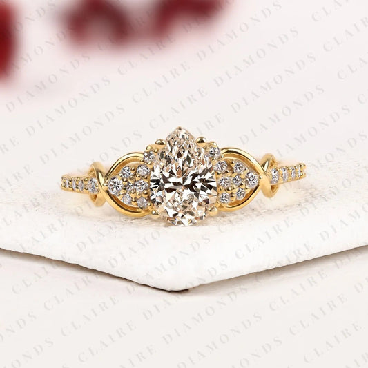 Pear Cut Lab Grown Diamond Engagement Ring Vintage Gold Halo Ring with Pave Side Stones Elegant Wedding Ring for Women