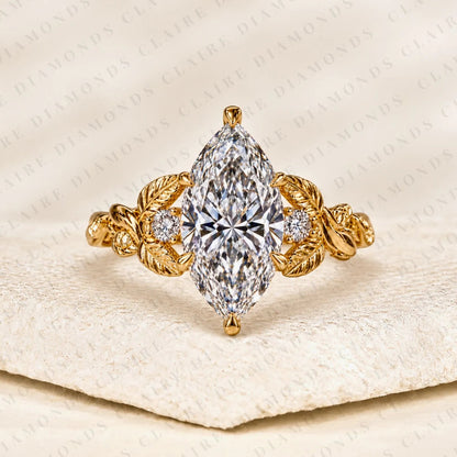 Marquise Cut Lab Grown Diamond Engagement Ring Nature Inspired Gold Vine Ring with Leaf Vintage Luxury Wedding Ring for Women