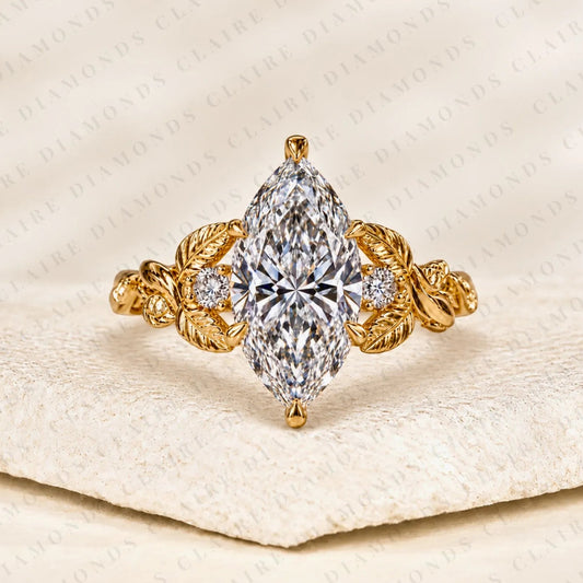 Marquise Cut Lab Grown Diamond Engagement Ring Nature Inspired Gold Vine Ring with Leaf Vintage Luxury Wedding Ring for Women