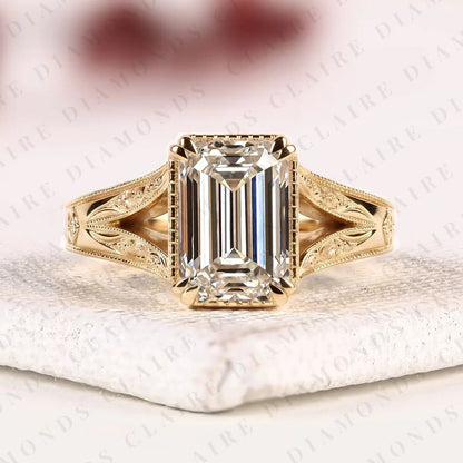 Vintage Emerald Cut Moissanite Diamond Engagement Ring Art Deco Filigree Solitaire Ring Emerald Diamond Ring Gold Promise Ring.