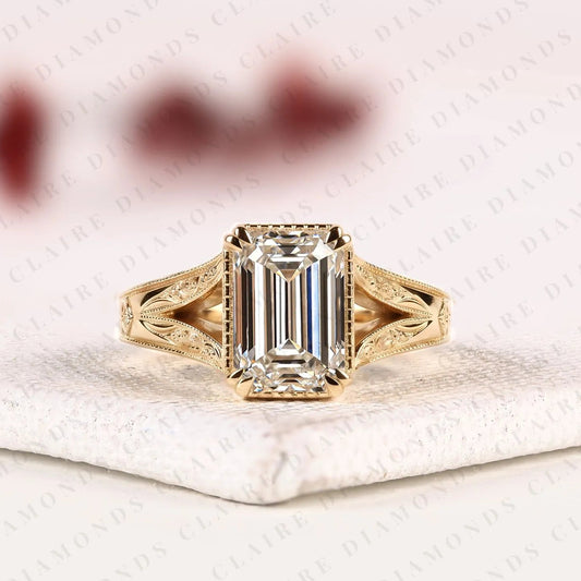 Vintage Emerald Cut Moissanite Diamond Engagement Ring Art Deco Filigree Solitaire Ring Emerald Diamond Ring Gold Promise Ring.
