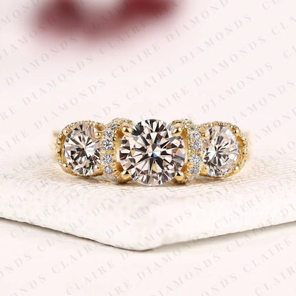 Round Cut Moissanite Diamond Engagement Ring Three Stone Gold Ring with Diamond Accents Luxury Wedding Ring for Women