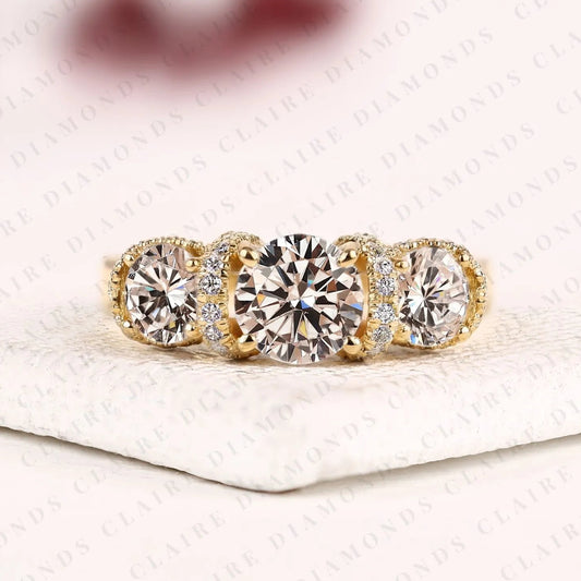 Round Cut Lab Grown Diamond Engagement Ring Three Stone Gold Ring with Diamond Accents Luxury Wedding Ring for Women