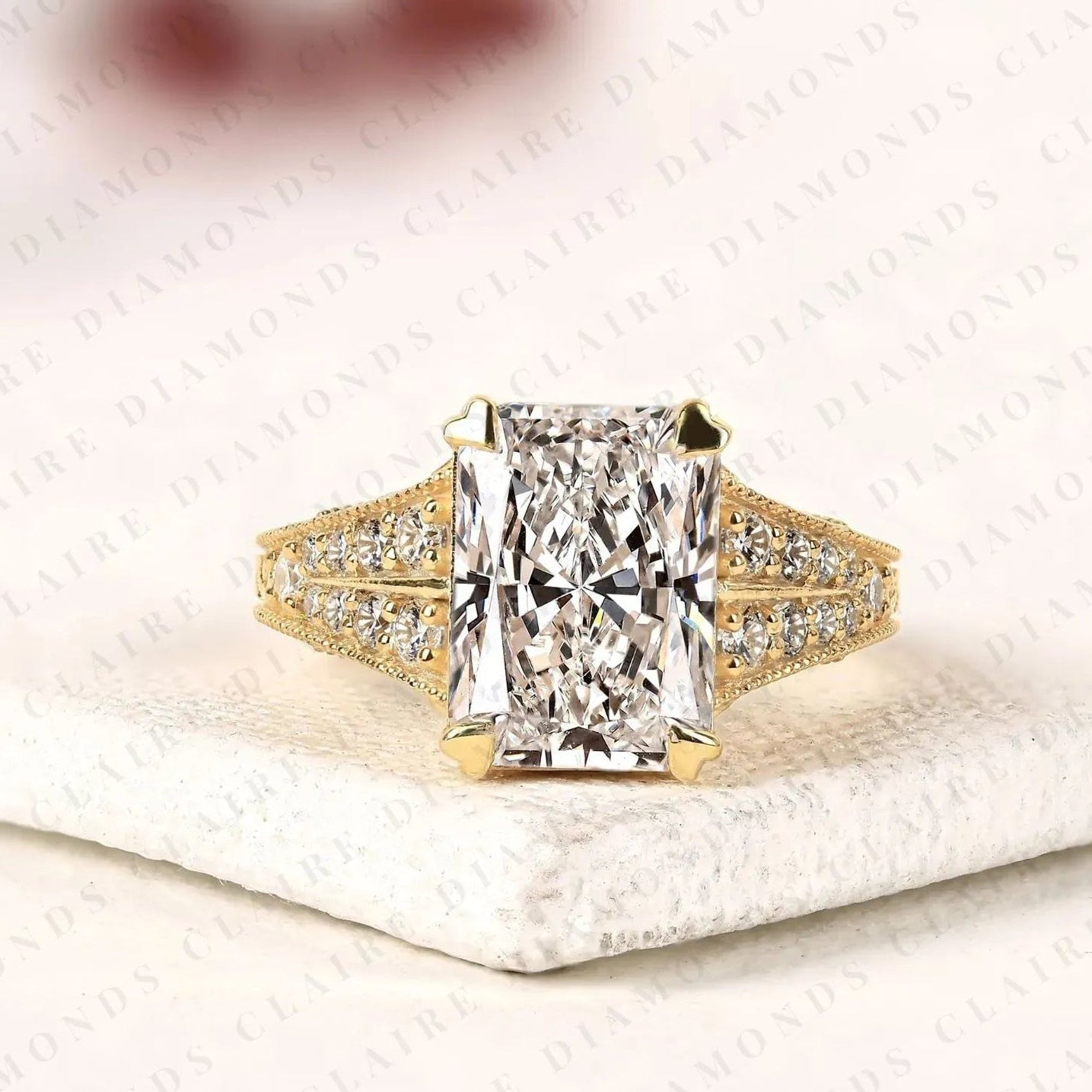 radiant cut lab grown diamond engagement ring vintage milgrain split shank pave diamond ring unique bridal ring for women
