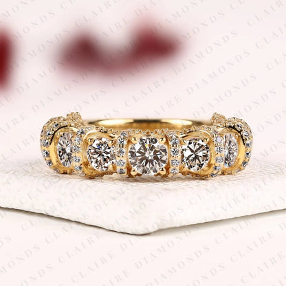 3.35 TCW Round Cut Lab Grown Diamond Band Luxury Vintage Ornate Gold Band Multi Stone Wedding Band Elegant Anniversary Jewelry