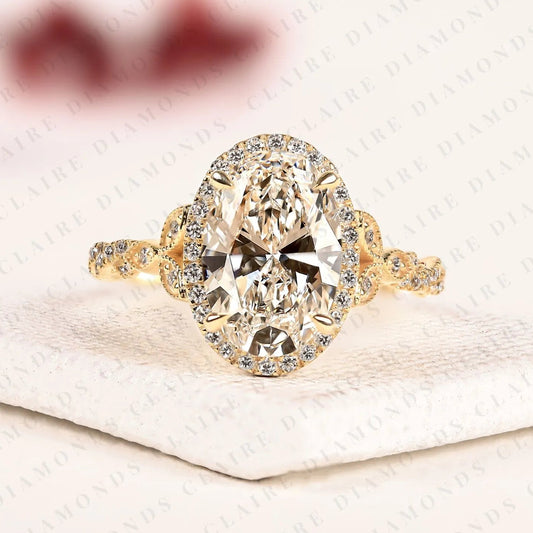 Oval Halo Lab Grown Diamond Engagement Ring in Solid Gold With Twisted Vintage Band IGI Certified Ring.