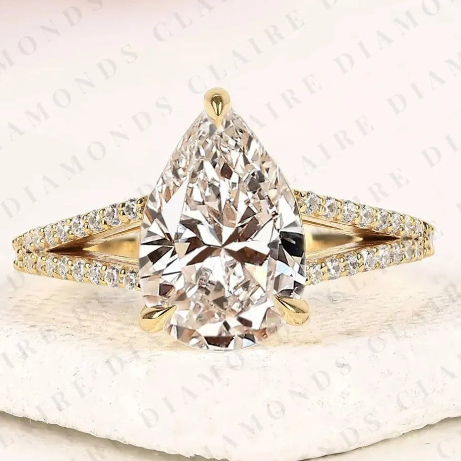 pear cut moissanite diamond engagement ring split shank pave diamond ring bridal ring