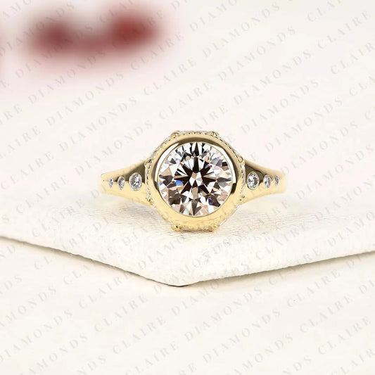 Round Brilliant Cut Bezel Set Lab Grown Diamond Engagement Ring Vintage Solitaire Ring Minimalist Anniversary & Promise Ring for Women