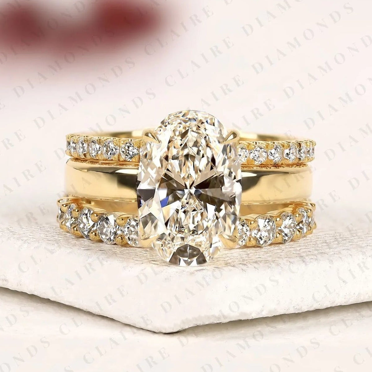 oval cut lab grown diamond bridal set hidden halo engagement ring with matching wedding band yellow gold oval ring pave diamond bridal ring set igi certified wedding jewelry