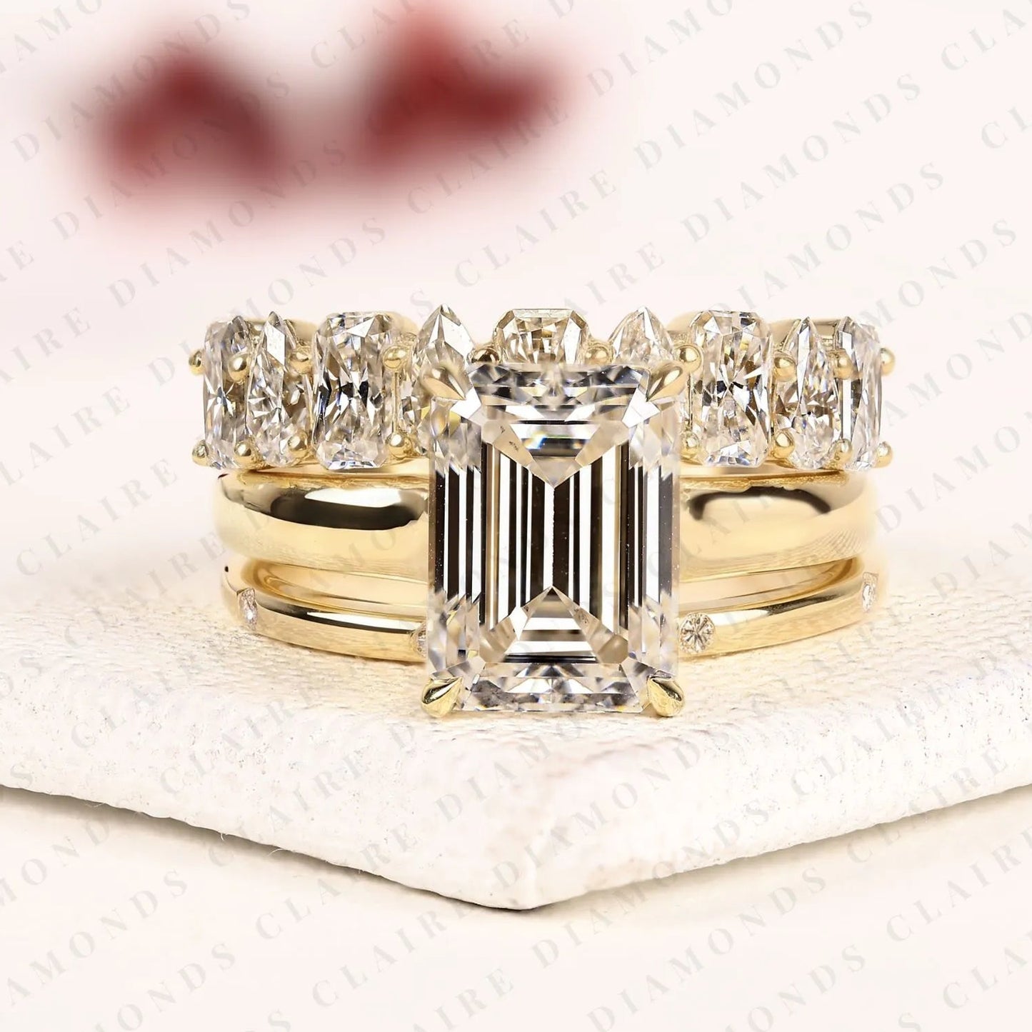 emerald cut lab grown diamond engagement ring set double band bridal set three row diamond ring luxury gold jewelry