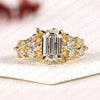 Modified Emerald Cut Lab Grown Diamond Engagement Ring Floral Vintage Halo Ring Unique Gold Bridal Ring Statement Wedding Jewelry