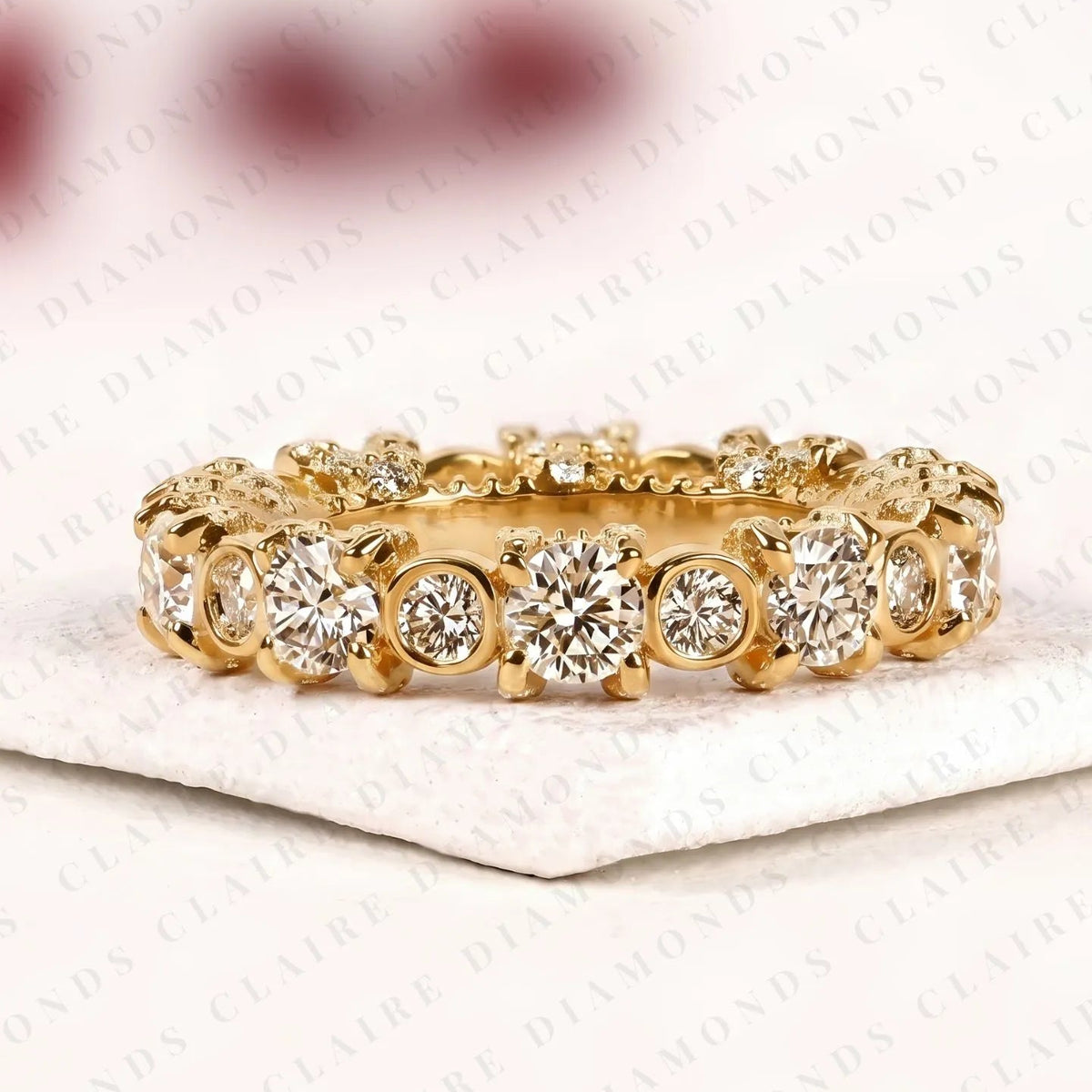 5.04 TCW Round Bezel Set Lab Grown Diamond Band Vintage Gold Eternity Wedding Band Elegant Anniversary Ring for Women