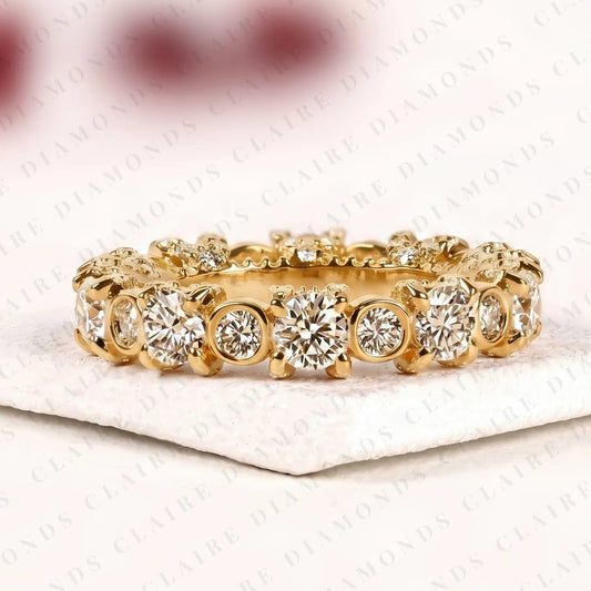5.04 TCW Round Bezel Set Lab Grown Diamond Band Vintage Gold Eternity Wedding Band Elegant Anniversary Ring for Women