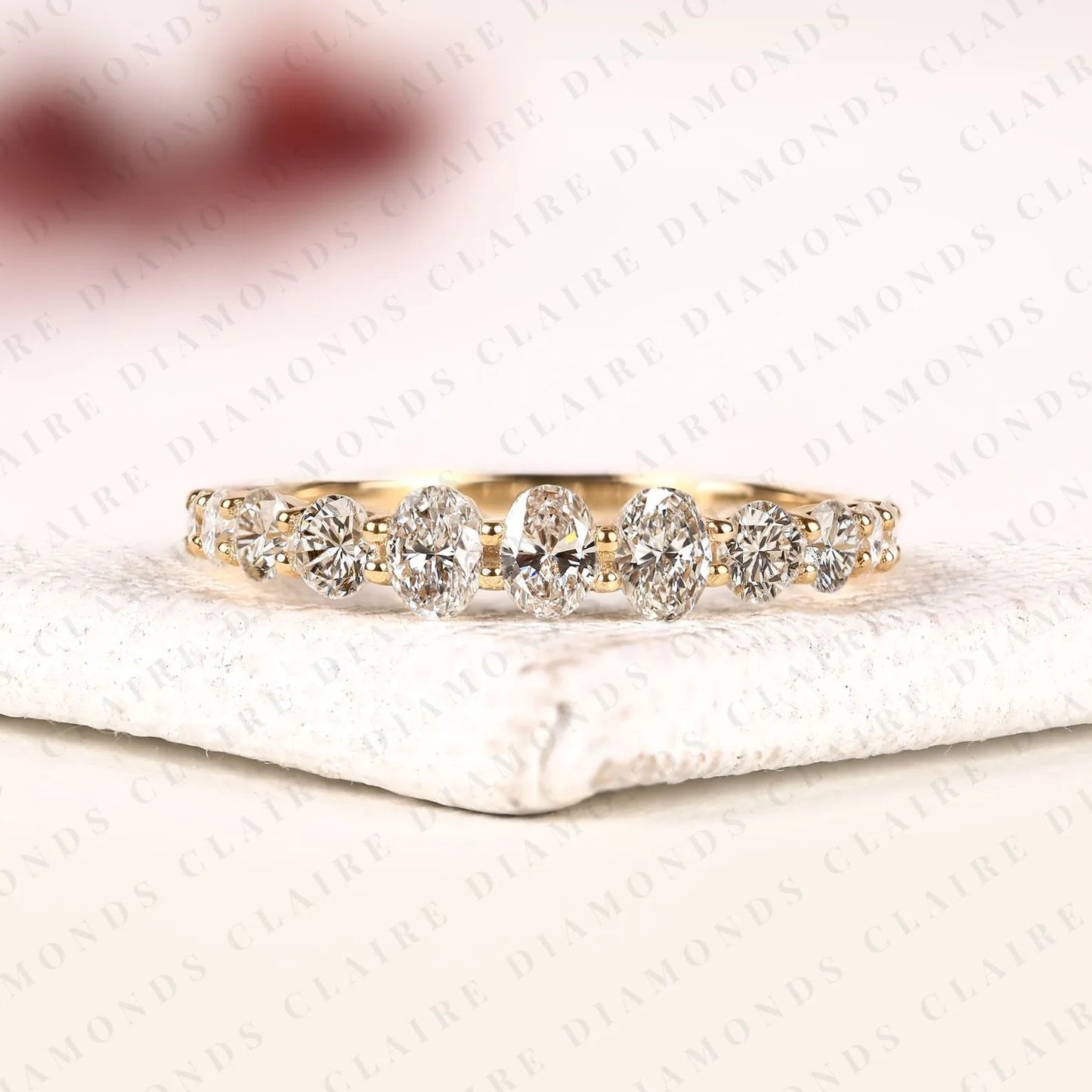 1.32 tcw oval and round cut moissanite diamond half eternity wedding band, anniversary band for women
