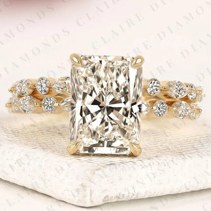Designer Radiant Cut Lab Grown Bridal Ring Set with Marquise and Round Diamond Accents
