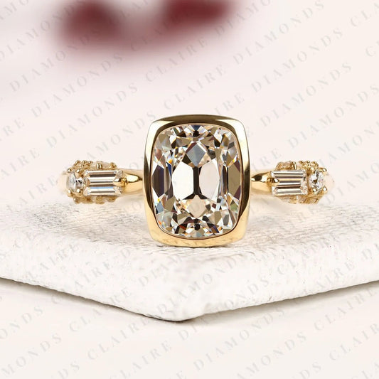 Old Mine Elongated Cushion Cut Lab Grown Diamond Engagement Ring Yellow Gold Bezel Ring with Baguette Side Stone Modern Luxury Bridal Jewelry