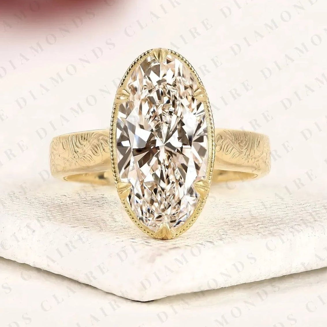 vintage long oval cut lab grown diamond engagement ring engraved solitaire ring milgrain bezel bridal ring antique inspired wedding ring