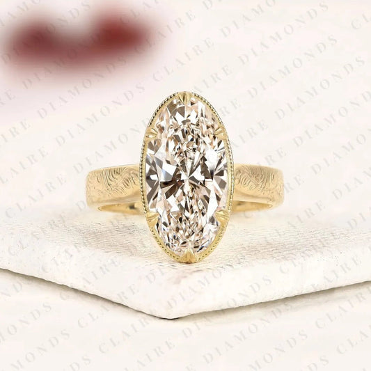 Vintage Long Oval Cut Moissanite Diamond Engagement Ring Engraved  Solitaire Ring     Milgrain Bezel Bridal Ring Antique Inspired Wedding Ring