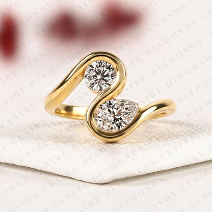1.10 TCW Round And Pear Lab Grown Diamond Toi et Moi Ring Unique Double Stone Engagement Ring Elegant Statement Jewelry