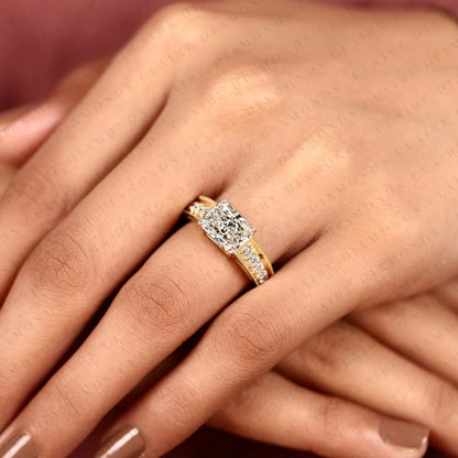 East-West Radiant Cut Lab Grown Diamond Engagement Ring Pavé Band Modern Horizontal Setting Elegant Bridal Jewelry