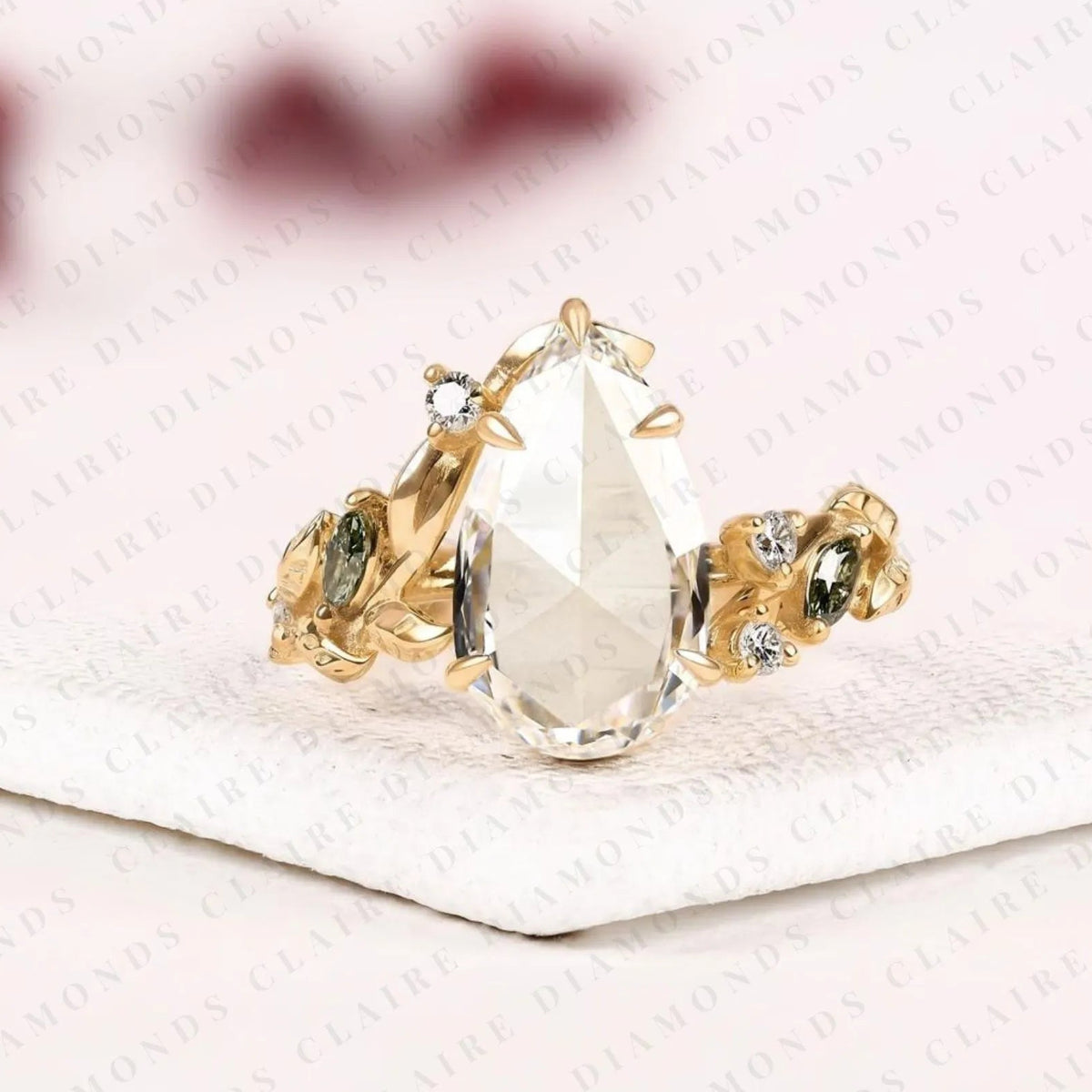 Pear Rose Cut Lab Grown Diamond Engagement Ring Green Marquise Side Stones Botanical Leaf Vine Gold Vintage Wedding Ring