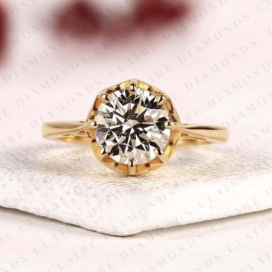 Round Cut Lab Grown Diamond Engagement Ring Vintage Inspired Solitaire Bridal Ring Unique Fine Jewelry