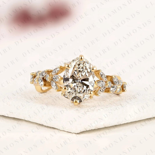 Oval Cut Moissanite Diamond Engagement Ring Nature Inspired Leaf Vine Band Gold Floral Wedding Ring Vintage Bridal Ring.