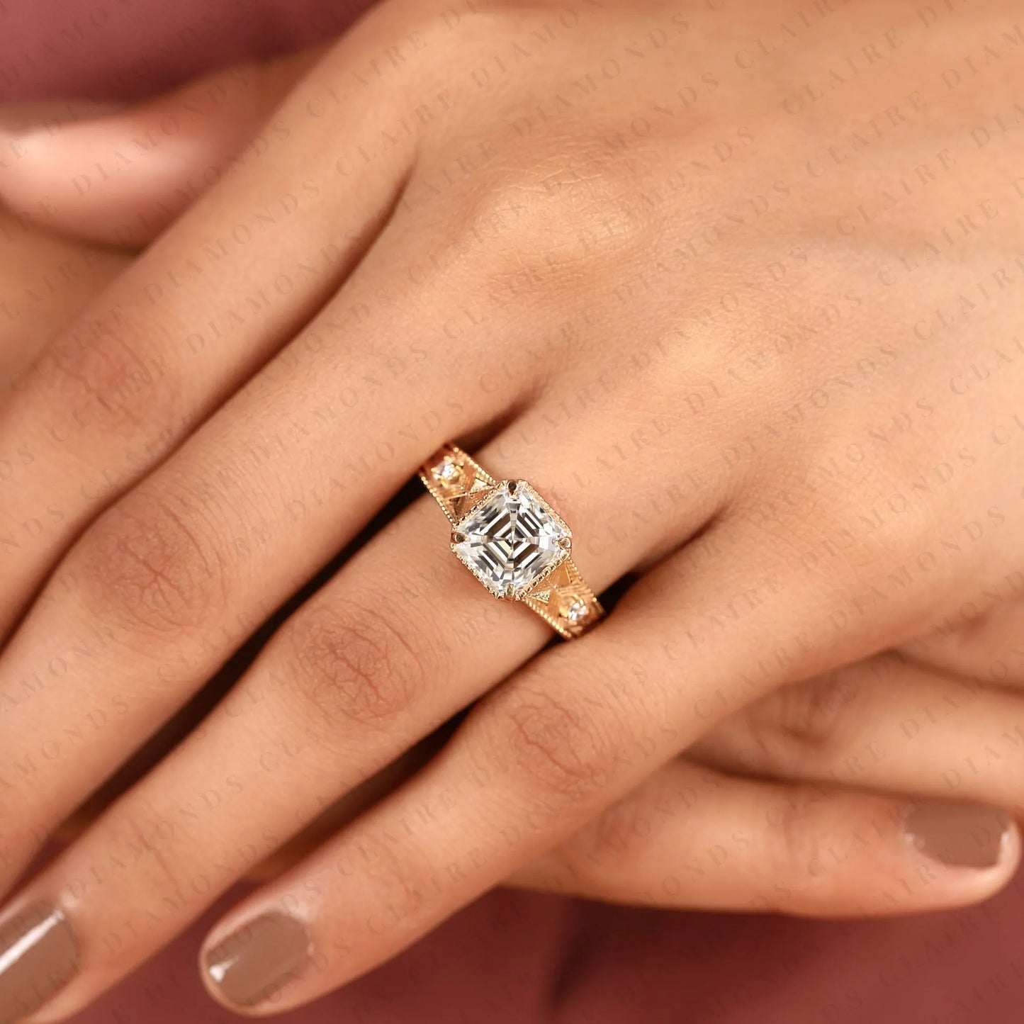 asscher cut moissanite diamond ring with round side stone, vintage engraved art deco band engagement ring solid gold gift.