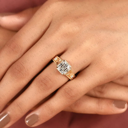 Asscher Cut Moissanite Diamond Ring With Round Side Stone, Vintage Engraved Art Deco Band Engagement Ring Solid Gold Gift.
