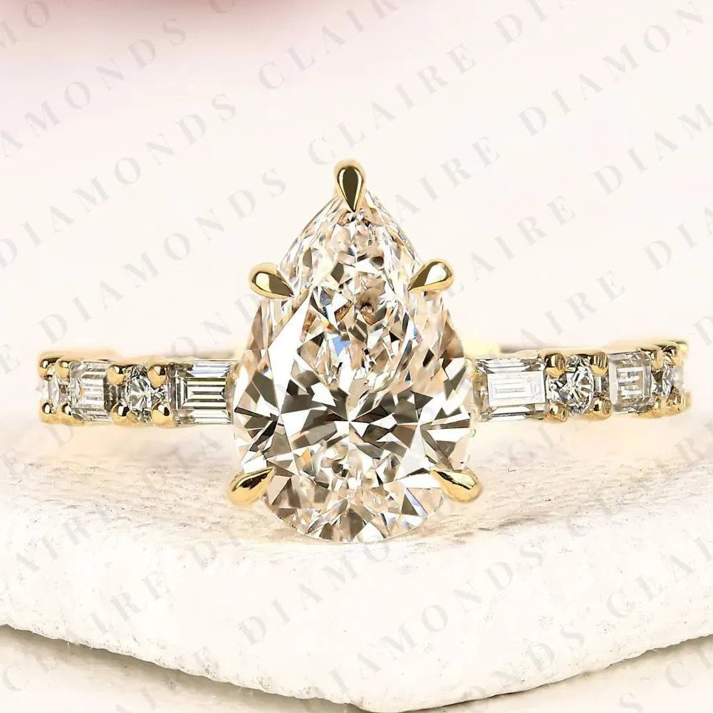 pear cut lab grown diamond engagement ring baguette & round accent diamond band bridal ring  elegant wedding ring