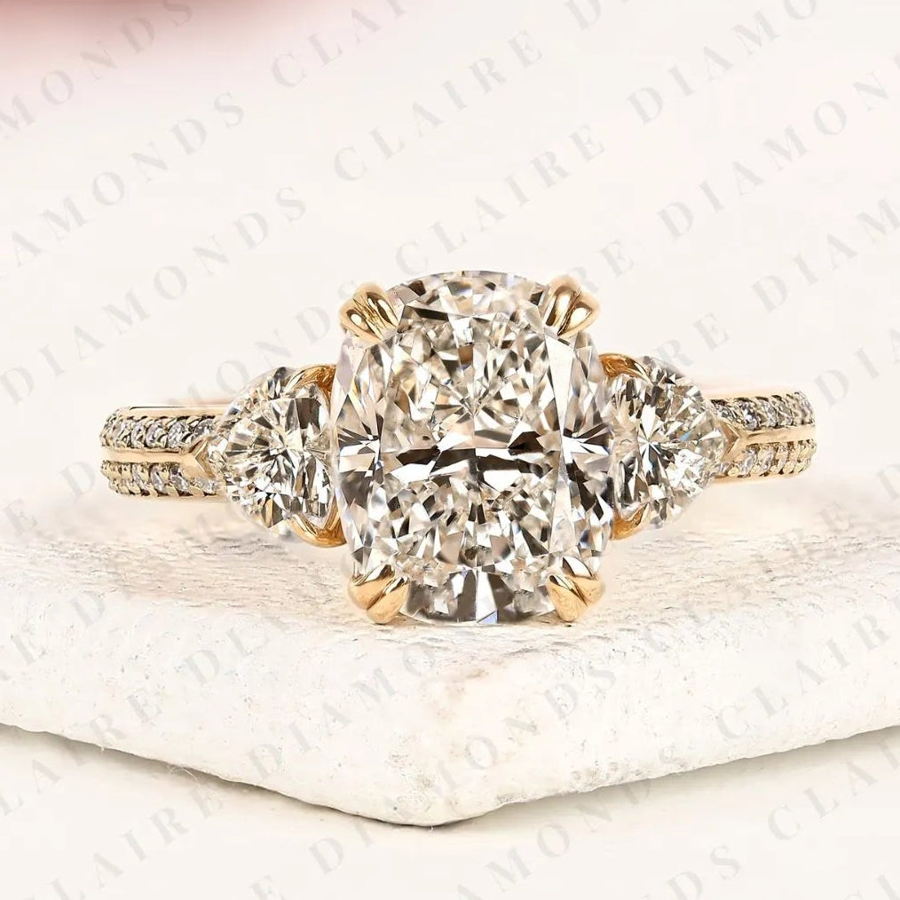 cushion cut three stone moissanite diamond engagement ring trillion side stone diamond ring split shank pave ring